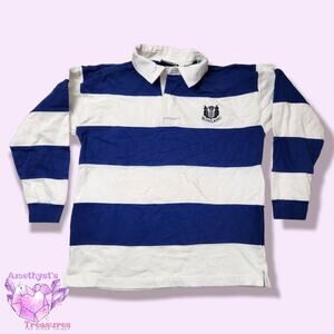 Scotland mens 34 long sleeve polo t shirt nautical blue white stripes emblem